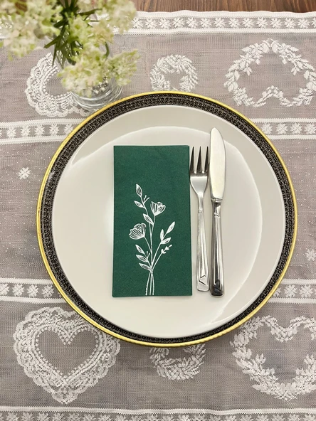 Gümüş Yaldızlı Yeşil Gelincik Çiçeği Baskılı Garson Katlama Peçete 16 lı