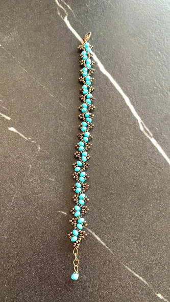 Mavi Ve Antik Sarı Renkli Zikzak Desenli Miyoki Boncuk Bileklik El Yapımı Hediyelik - 6