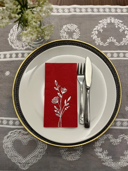 Gümüş Yaldızlı Kırmızı Gelincik Çiçeği Baskılı Garson Katlama Peçete 16 lı