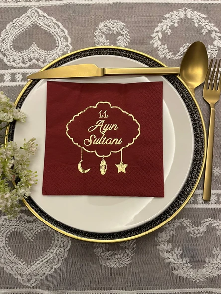 Gold Yaldızlı Bordo 11 Ayın Sultanı Ramazan Peçete 33x33