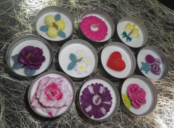 %100 Doğal Soya Wax Dekoratif Teneke Mum (Yapraklı Gül) - 3