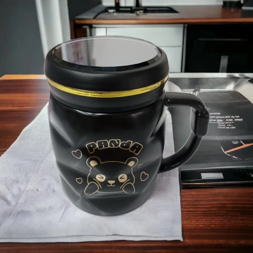 Ayna Kapaklı Panda Desenli Porselen Kupa Bardak Siyah Kupa Bardak - Resim 4