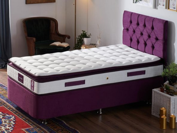 Niron Purple Yatak Seti 80x200 cm Tek Kişilik Yatak Baza Başlık Takımı - Orta Sert Yatak Mor Baza ve Başlığı