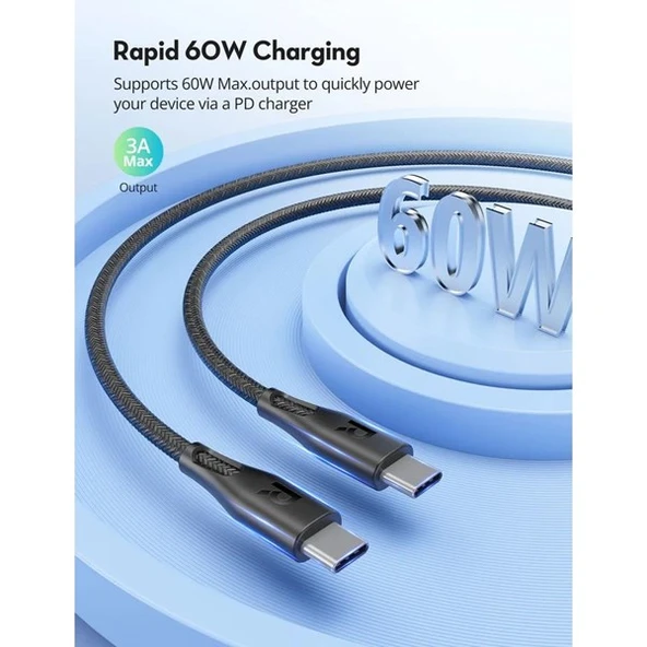 RAVPOWER 1.2metre 60W Fast Charging Type-C To C Kablo - 2