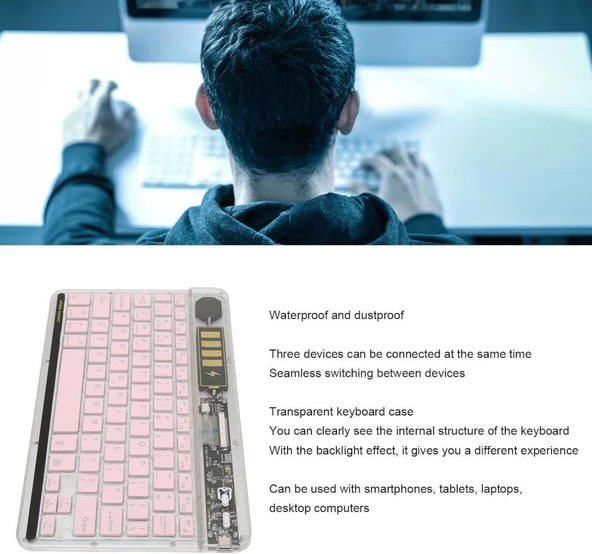 Apple iPad Air 11" (2024) Uyumlu Kablosuz Bluetooth Şarjlı Transparan Rgp 7 Renk Işıklı Klavye - Pembe