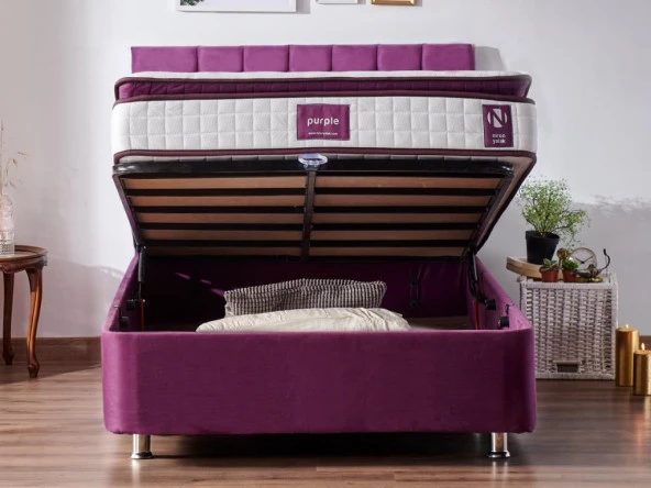 Niron Purple Yatak Seti 120x200 cm Tek Kişilik Yatak Baza Başlık Takımı - Orta Sert Yatak Mor Baza ve Başlığı - 3