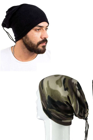 2 Adet Polar İpli Bere ve Boyunluk Siyah Kamuflaj ürün görseli 1