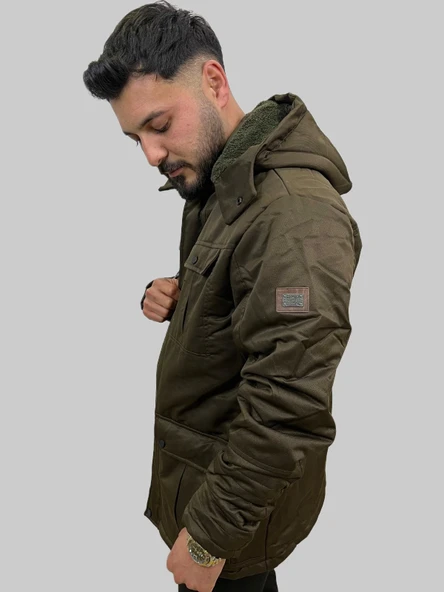 Erkek Kapüşon Çıklamlı İçi Kürklü Kanvas Haki Parka Kaban - 2