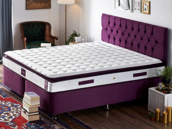 Niron Purple Yatak Seti 200x200 cm Çift Kişilik Yatak Baza Başlık Takımı - Orta Sert Yatak Mor Baza ve Başlığı
