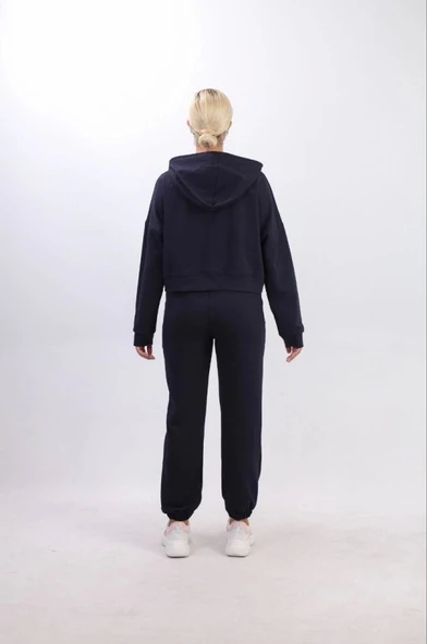 Iki Iplik Kapüşonlu Fermuarlı Crop Oversize Hırka Takım- Lacivert - 4