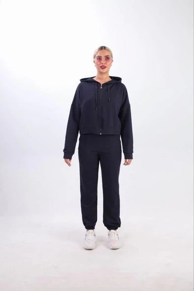 Iki Iplik Kapüşonlu Fermuarlı Crop Oversize Hırka Takım- Lacivert - 2