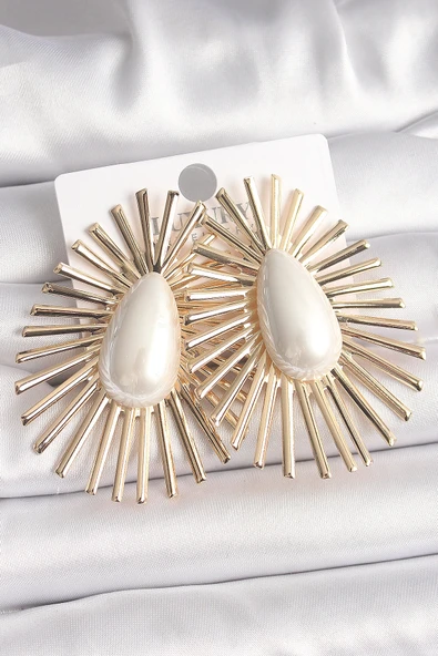 MuI MuI Pirinç Gold Renk Beyaz Damla İncili Kemik Model Kadın Küpe