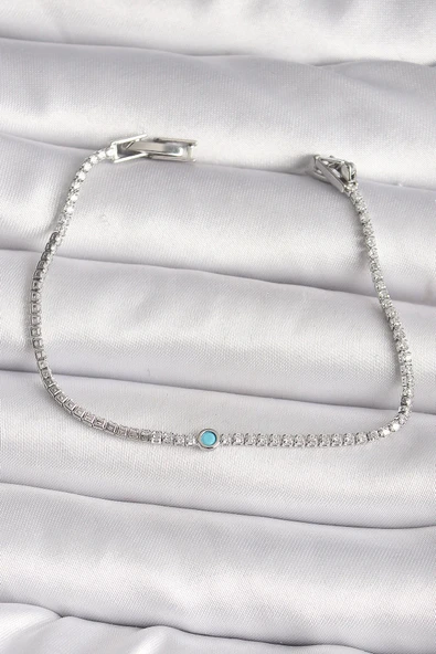 MuI MuI Pirinç Gümüş Renk Su Yolu Zirkon Taşlı Mavi Taşlı Kadın Bileklik ürün görseli 1