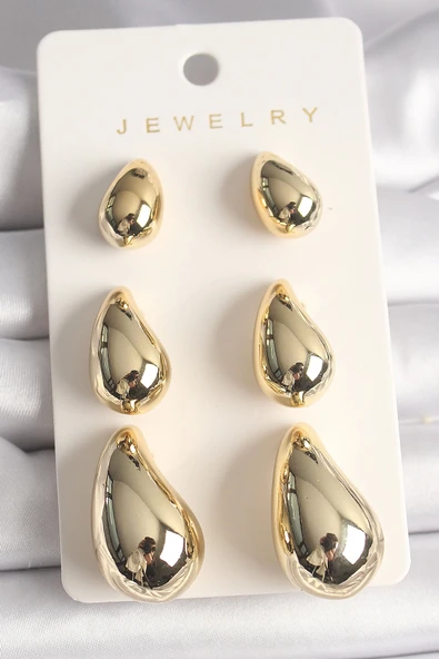 MuI MuI Gold Renk 3'Lü Damla Model CCB Plastik Kadın Küpe Seti ürün görseli 1