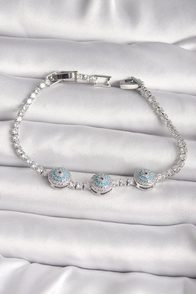 MuI MuI Pirinç Gümüş Renk Su Yolu Zirkon Taşlı Nazar Boncuk Model Kadın Bileklik