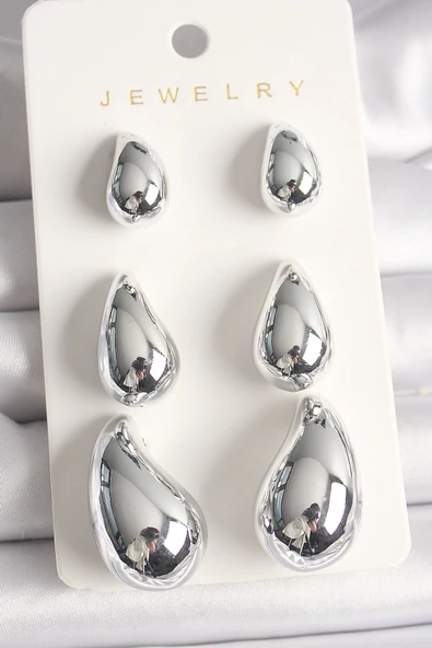 MuI MuI Gümüş Renk 3'Lü Damla Model CCB Plastik Kadın Küpe Seti ürün görseli 1