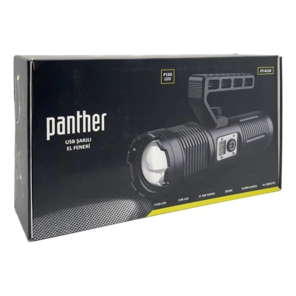 PANTHER 40W Şarjlı Ledli Profesyonel El Feneri 10.000Lm 3,7vX4 Adet Pil - 3
