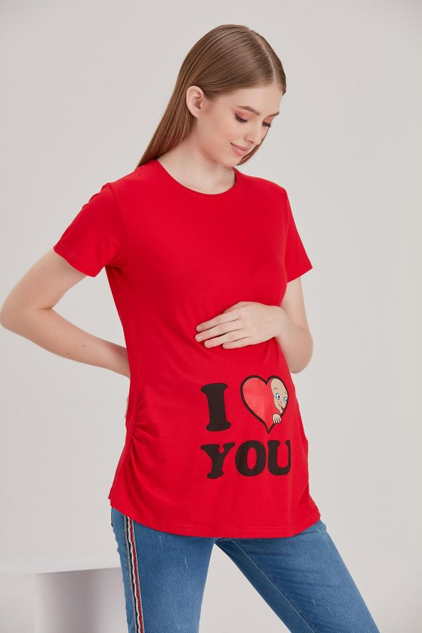 IŞŞIL 4490-Kalpten Bakan Bebek Kısa Kol Viskon Hamile T-Shirt