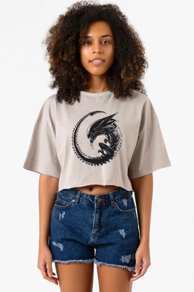 Allien Xenomorph Taş Rengi Kadın Crop Kapşonlu