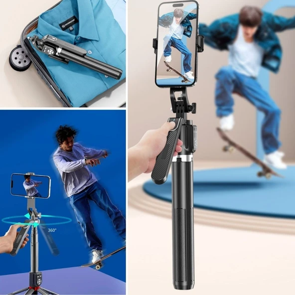 ZAYKA® Kumandalı 360 Derece Dönebilen Cep Telefonu ve Kamera Tripodu  2.2m Uzayabilen Selfie Çubuğu