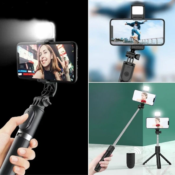 ZAYKA® Kendiliğinden Işıklı Masaüstü Tripod Olabilen Telefon Tutuculu Kablosuz Kumandalı Selfie Çubuğu