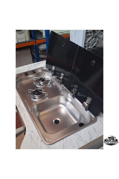 üniversal ikili çift cam kapaklı kombinasyon ocak evyeli 78x36 Yatek Karavan Tekne - 2
