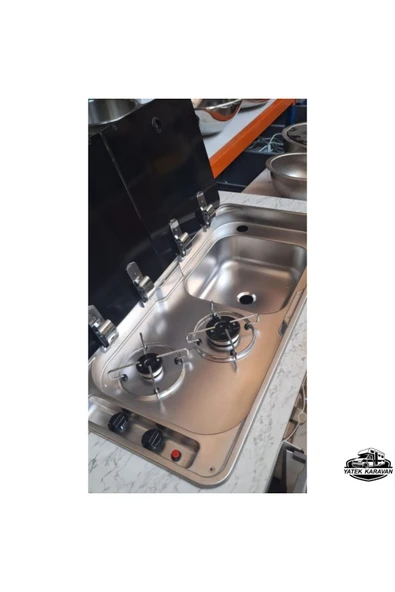 üniversal ikili çift cam kapaklı kombinasyon ocak evyeli 78x36 Yatek Karavan Tekne - 3