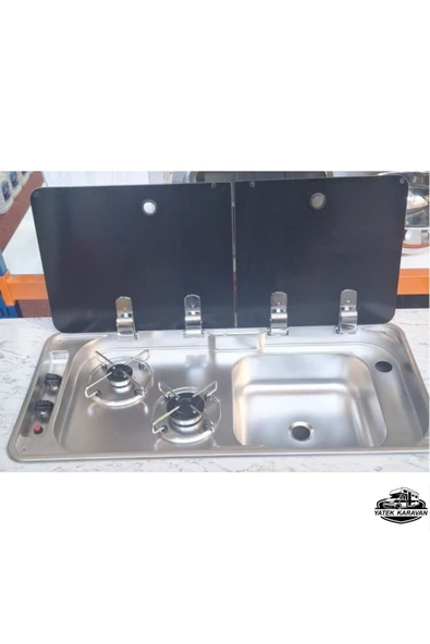 üniversal ikili çift cam kapaklı kombinasyon ocak evyeli 78x36 Yatek Karavan Tekne - 5