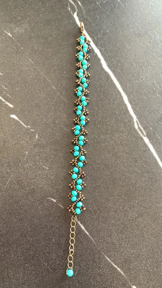 Su Mavisi Ve Antik Sarı Renkli Zikzak Desenli Miyoki Boncuk Bileklik El Yapımı Hediyelik - 4