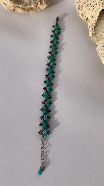 Su Mavisi Ve Antik Sarı Renkli Zikzak Desenli Miyoki Boncuk Bileklik El Yapımı Hediyelik - 5