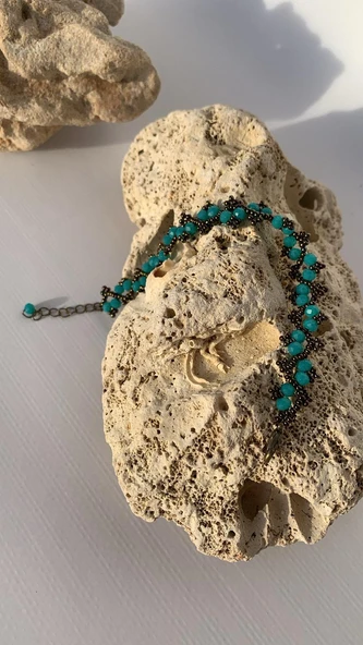 Su Mavisi Ve Antik Sarı Renkli Zikzak Desenli Miyoki Boncuk Bileklik El Yapımı Hediyelik - 6