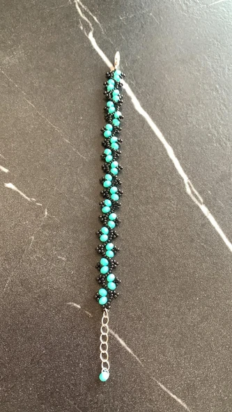 Su Mavisi Ve Siyah Renkli Zikzak Desenli Miyoki Boncuk Bileklik El Yapımı Hediyelik - 4