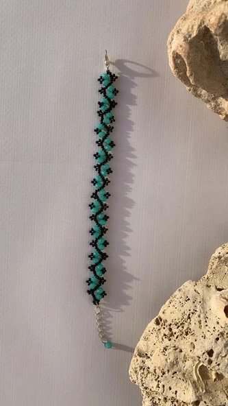 Su Mavisi Ve Siyah Renkli Zikzak Desenli Miyoki Boncuk Bileklik El Yapımı Hediyelik - 3