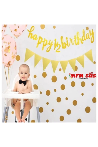parti Happy Birthday 1/2 Gold Flamalı Kaligrafi Banner Yazı Süs