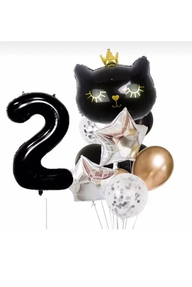 2 yaş siyah kara kedi kafa folyo balon seti 100 cm