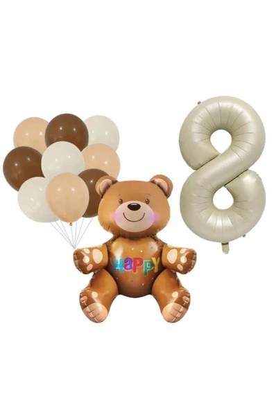 8 yaş Ayıcık temalı bej kahverengi retro folyo balon seti