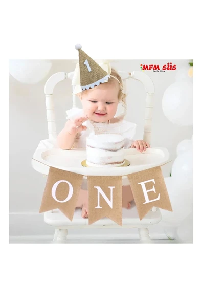 One 1 yaş ponponlu hasır şapka ve hasır banner yazı set 2 ürün