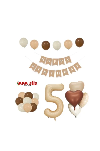 5 yaş folyo karamel bej krem kahverengi doğum günü seti