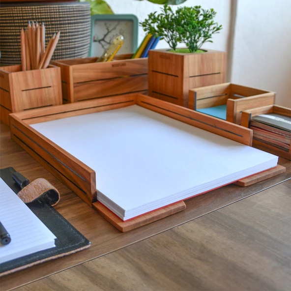 Woodsaka 3Line A4 Kağıt ve Evrak Tepsisi- Kiraz Ağacından - Resim 4