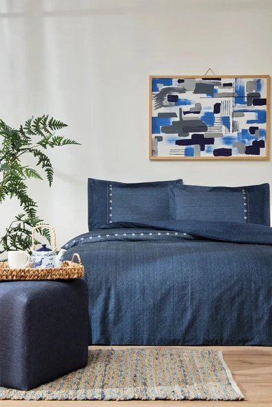 Özdilek Lacivert Oregon Çift Kişilik Lastikli Fitted Çarşaf Nevresim Takımı 8106
