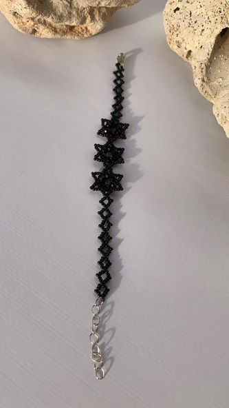 Mat Siyah Ve Parlak Siyah Renkli Yıldız Desenli Miyoki Boncuk Bileklik El Yapımı Hediyelik