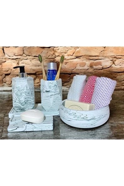 Çağdaş Mermer Dokulu Beton Banyo Aksesuar Seti (5 Parça) - 4