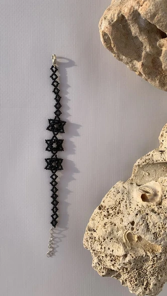 Mat Siyah Ve Parlak Siyah Renkli Yıldız Desenli Miyoki Boncuk Bileklik El Yapımı Hediyelik - 7