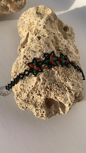 Yeşil Kırmızı Ve Siyah Renkli Yıldız Desenli Miyoki Boncuk Bileklik El Yapımı Hediyelik - 6