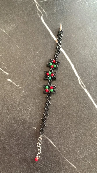 Yeşil Kırmızı Ve Siyah Renkli Yıldız Desenli Miyoki Boncuk Bileklik El Yapımı Hediyelik - 8