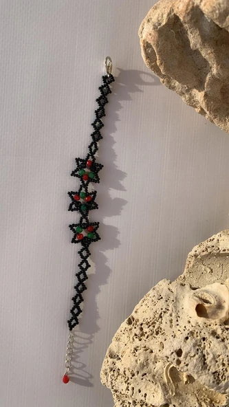 Yeşil Kırmızı Ve Siyah Renkli Yıldız Desenli Miyoki Boncuk Bileklik El Yapımı Hediyelik - 7