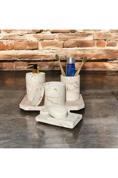 Elegan Mermer Desenli Beton Banyo Aksesuar Seti (5 Parça) - 3