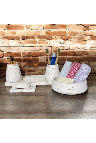 Doğal Görünümlü Mermer Esintili Beton Banyo Aksesuar Seti (5 Parça) - 4