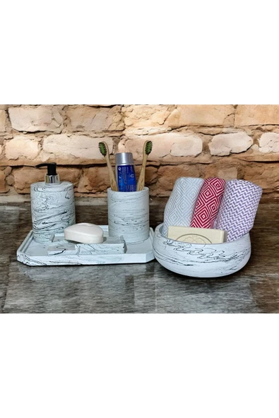 Doğal Mermer Renklerinde Beton Banyo Aksesuar Seti (5 Parça) - 4