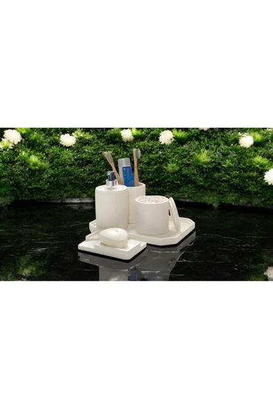 Elegan Mermer Desenli Beton Banyo Aksesuar Seti (5 Parça) - 2
